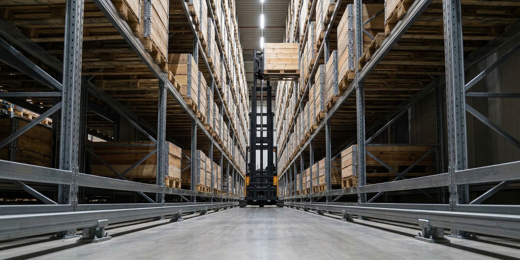 Close-up in the narrow-aisle warehouse with mechanical rail guidance on the floor. A VNA man-up forklift stores pallets at a height of 12m on VDMA floor.